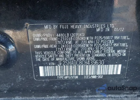 2012 Subaru Forester 2.5X Premium from USA, damaged, VIN JF2SHADC8CH439630